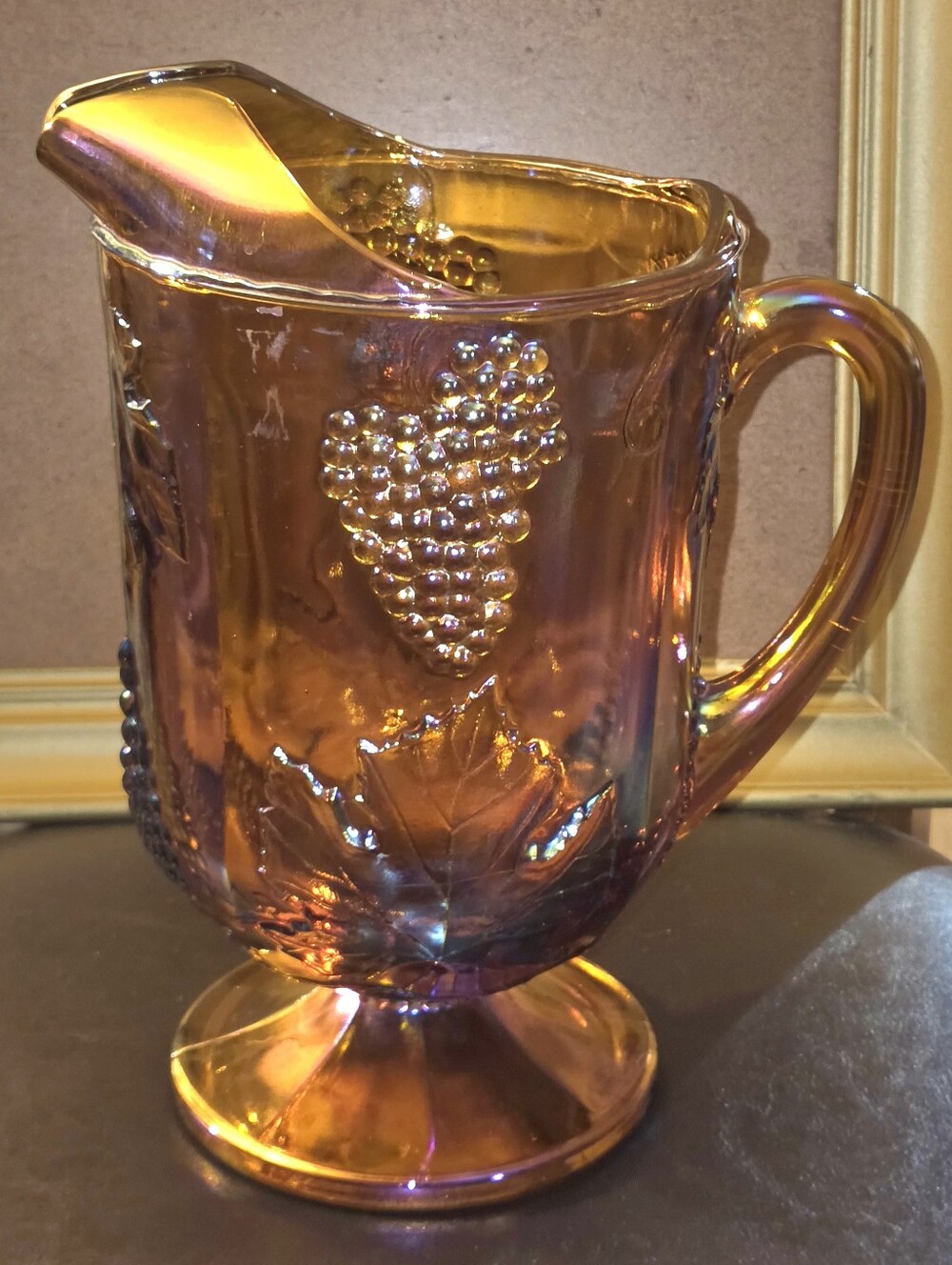 Vintage Indiana Carnival Glass Pitcher Harvest Grape Marigold Heavy 11"